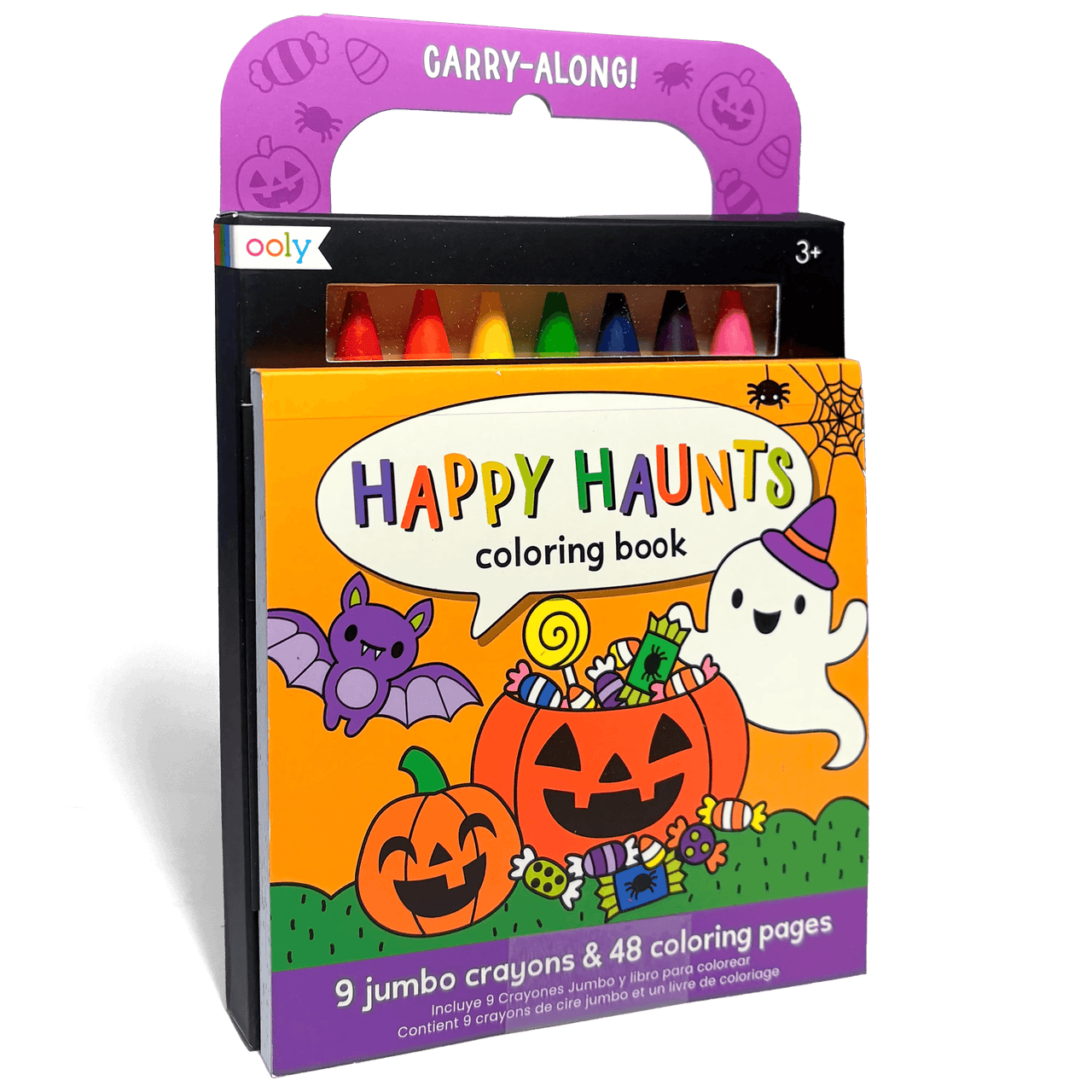 Halloween-themed coloring book with crayons and a purple handle on a white background