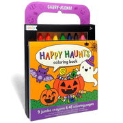 Halloween-themed coloring book with crayons and a purple handle on a white background