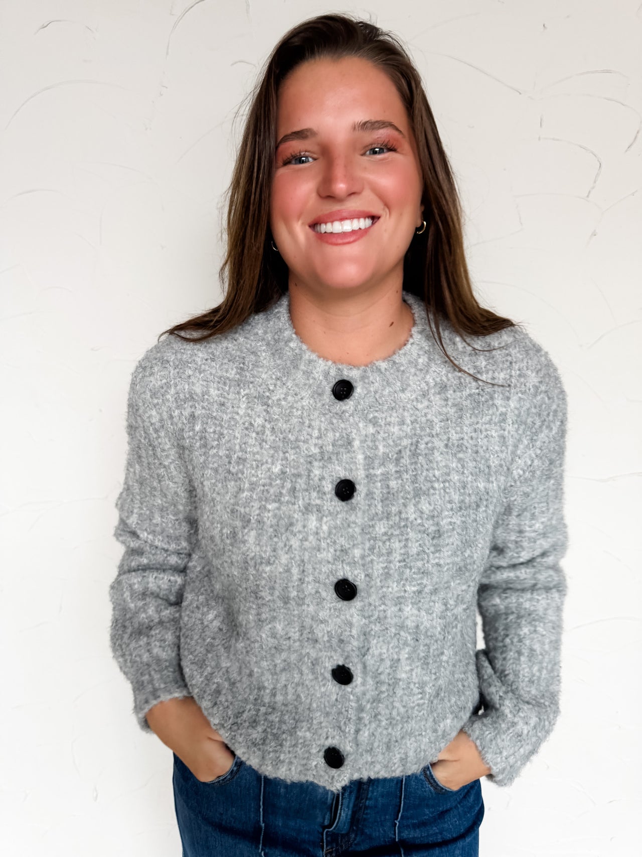 No Secrets Here Knit Button Down Grey Cardigan