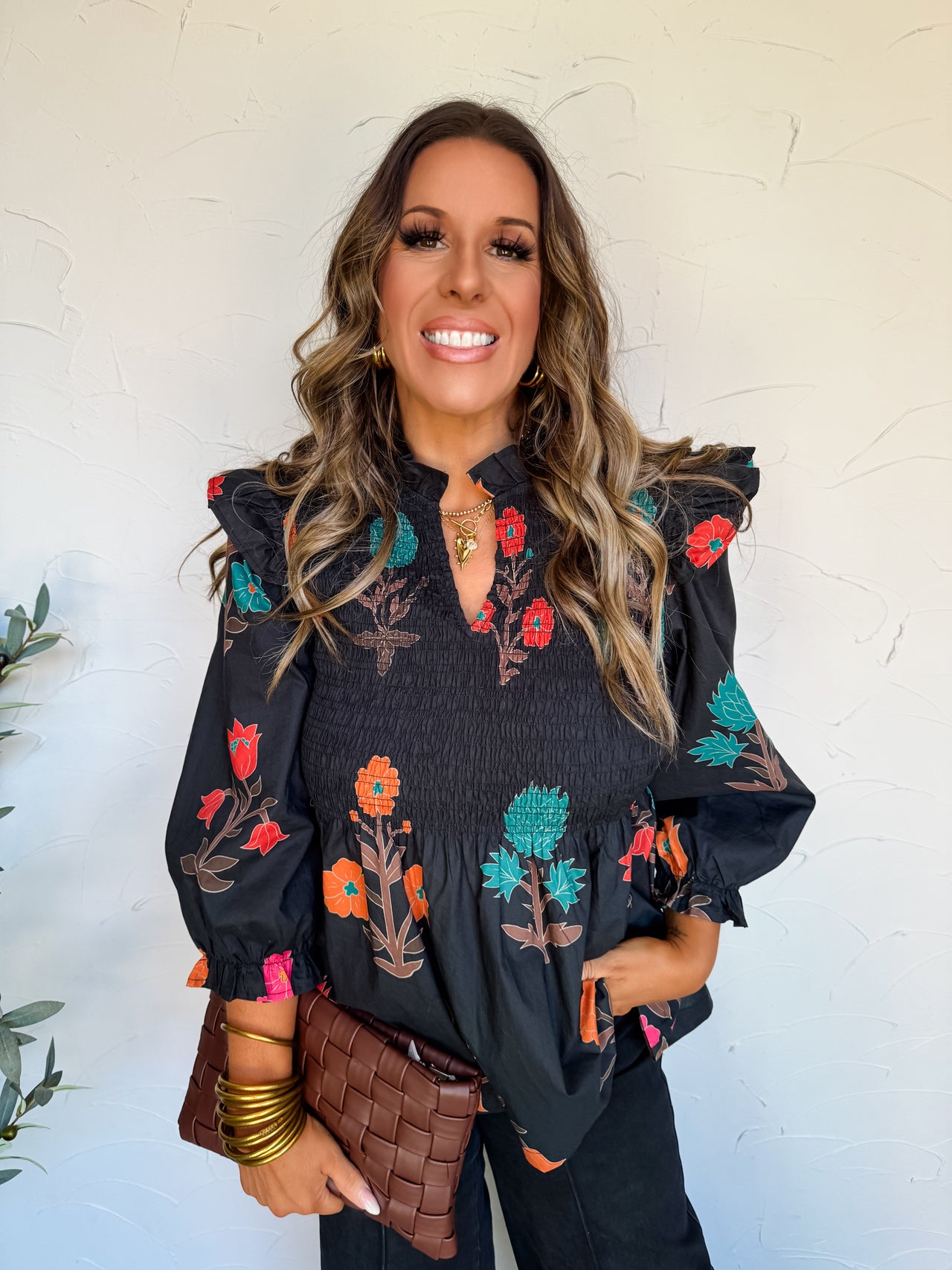 A Cold Snap Smocked Bodice Floral Top