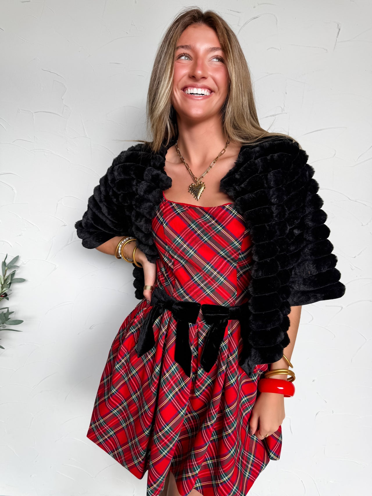 Here For The Holidays Plaid Bow Mini Dress