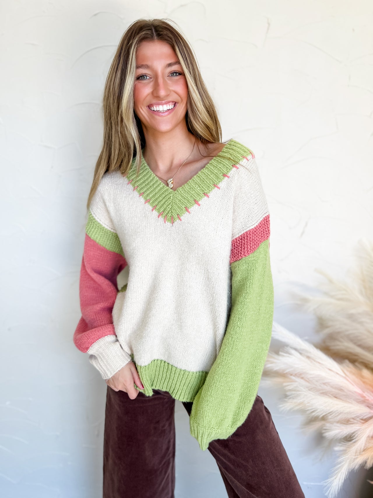 Touch Of Concern Color Block Pullover- Oatmeal