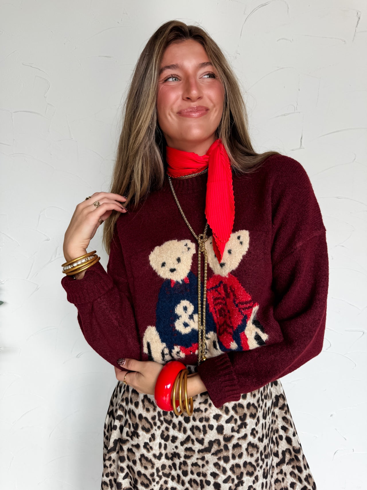 Twin Teddy Bear Pullover Sweater- Burgundy