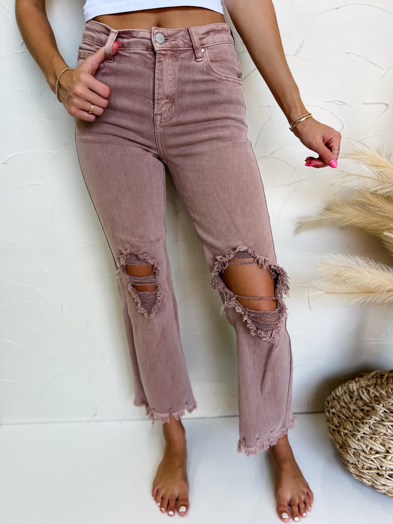 Can't Handle Me Distressed Jeans- Mauve