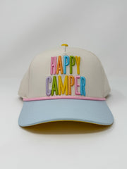 Cap with 'Happy Camper' text on a white background