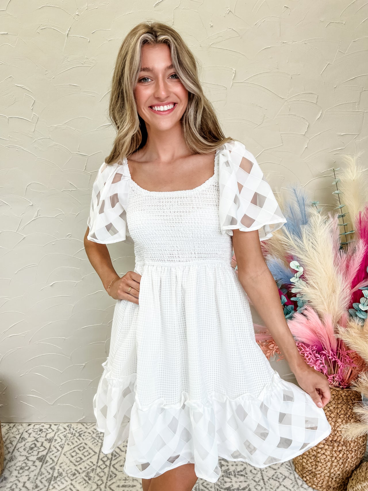 Best Option Mixed Organza Basketweave Dress- Off White