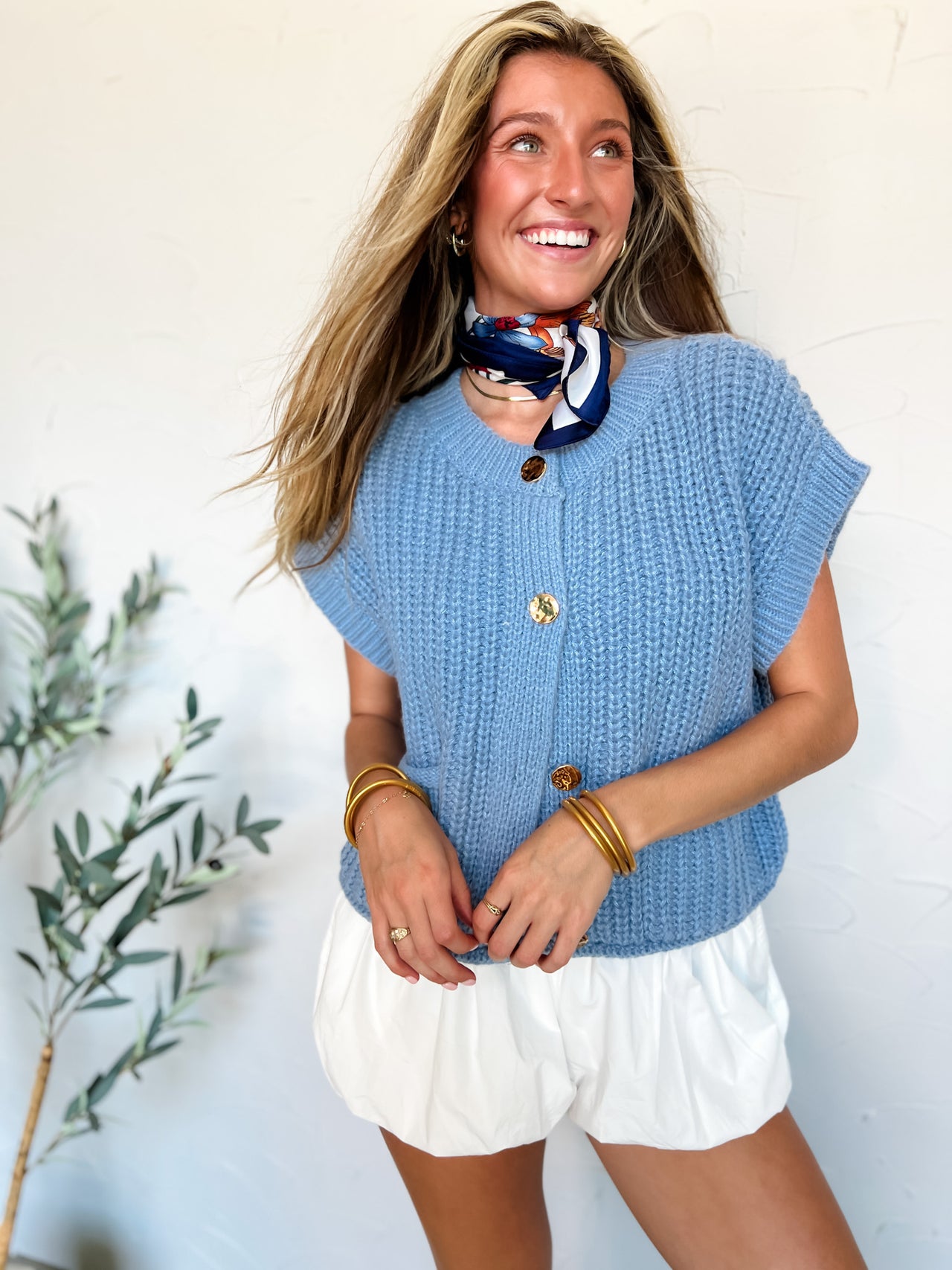 No Looking Back Button Down Knit Sweater Top- Blue