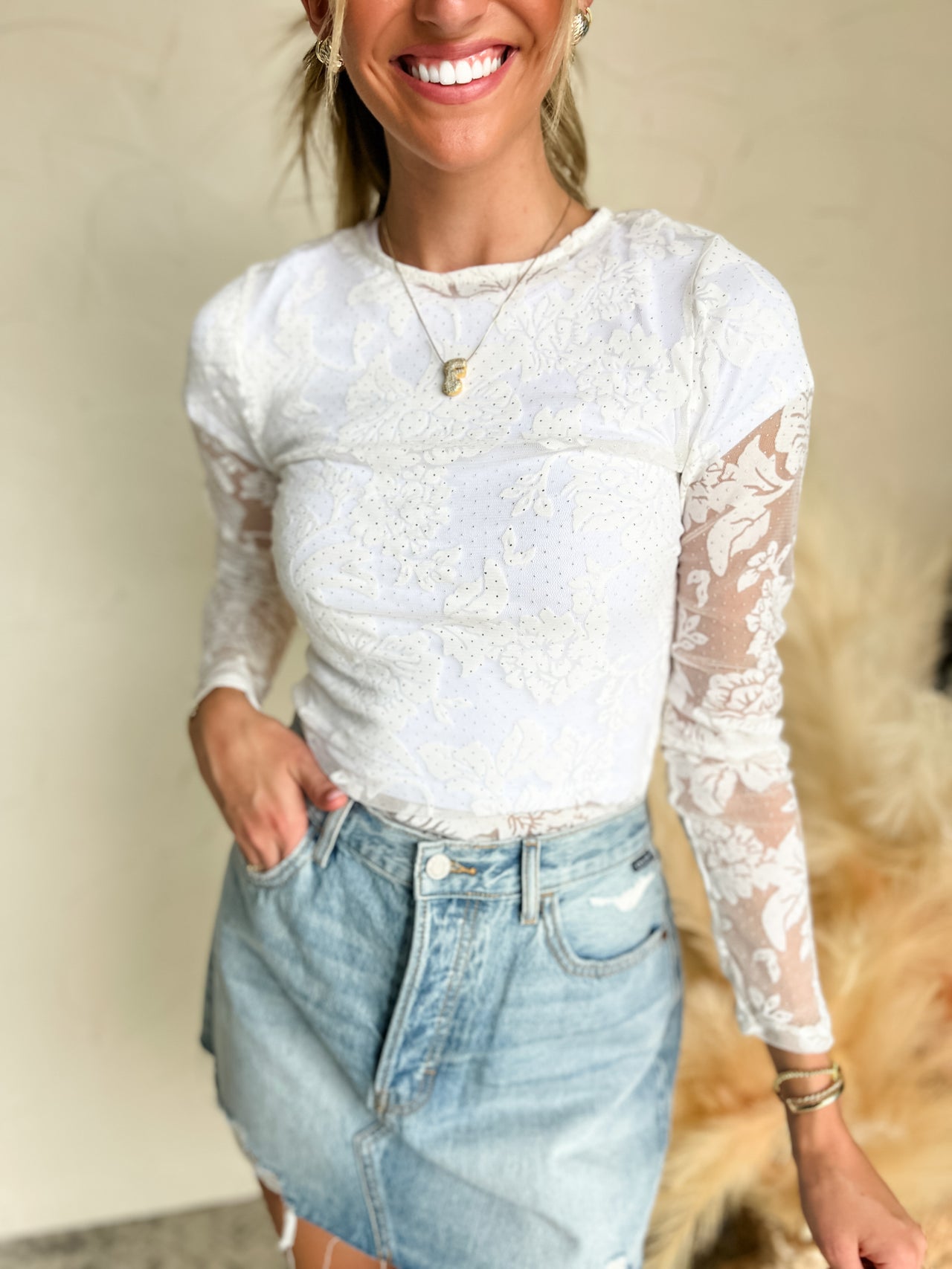 Staying Strong Floral Lace Bodysuit- Off White