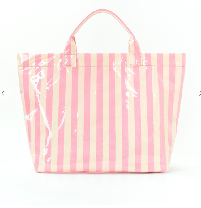 Pink and white striped tote bag with clear plastic vinyl on a white background