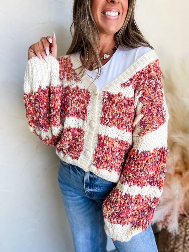 Better To Be Nice Fluffy Striped Buttoned Cardigan- Rust