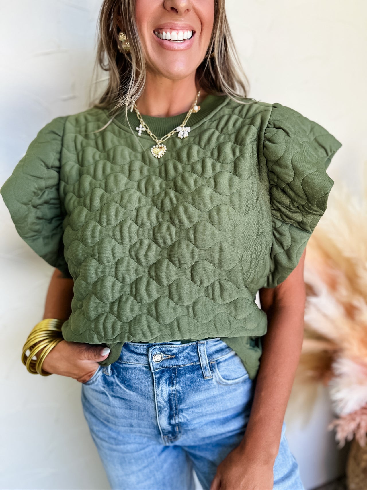 Flutter In The Leaves Quilted Ruffle Sleeve Top- Olive