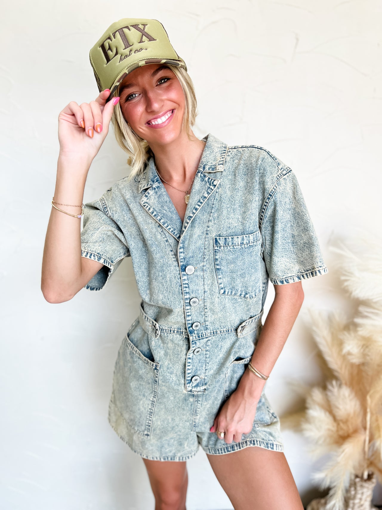 Picnic In The Park Overdyed Short Sleeve Denim Romper