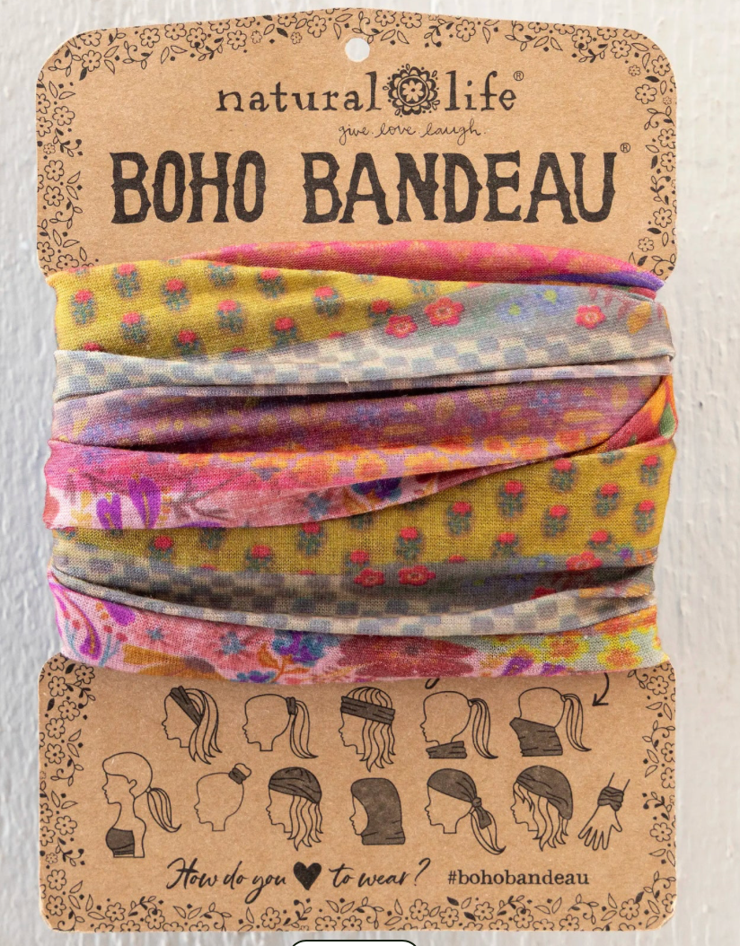 Packaged boho bandeau with colorful patterns on a cardboard backing, featuring the brand 'natural life'.