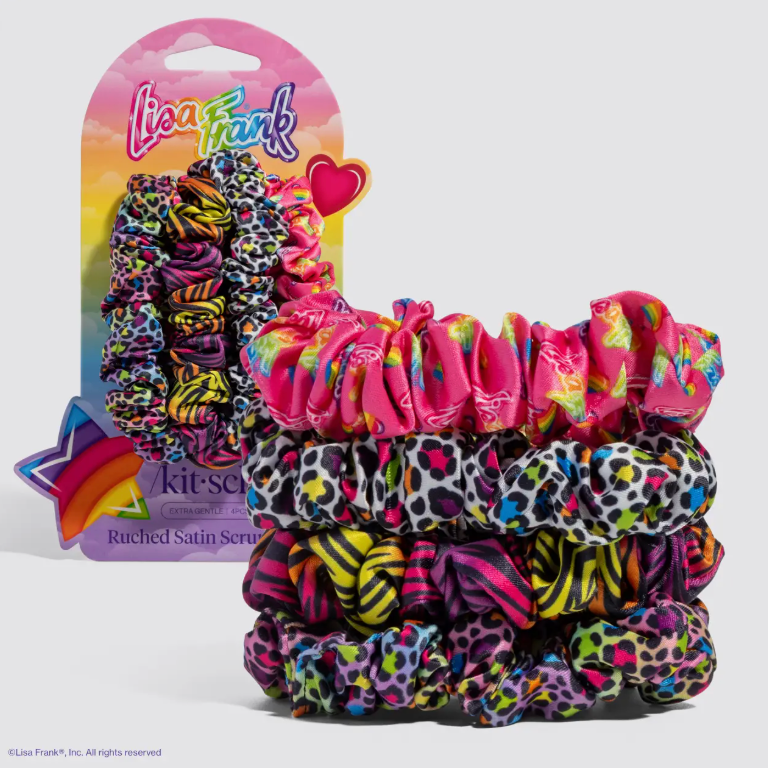 Lisa Frank X Kitsch Ruched Satin Scrunchies in Rainbow Leopard