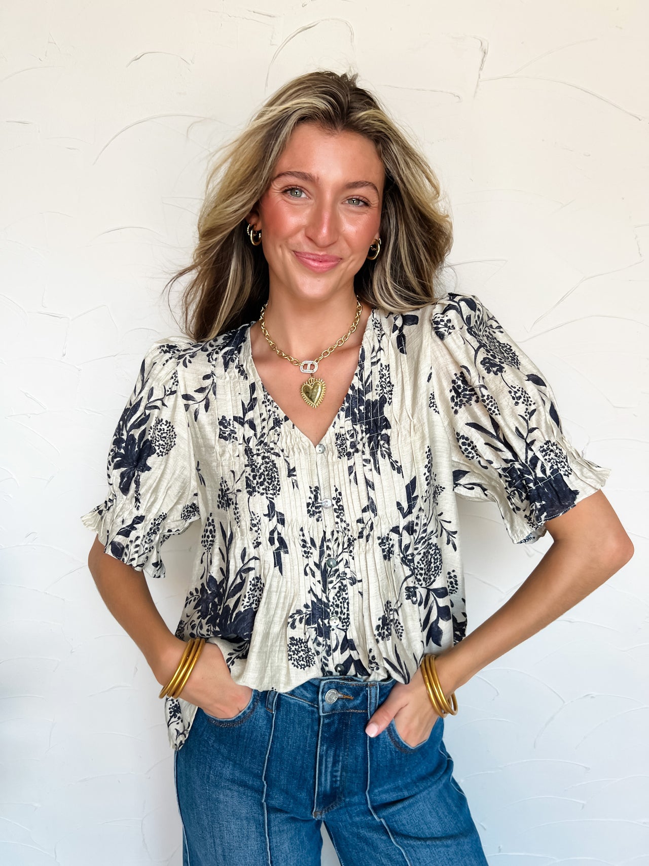 Leading With Purpose Floral V Neck Top- Navy