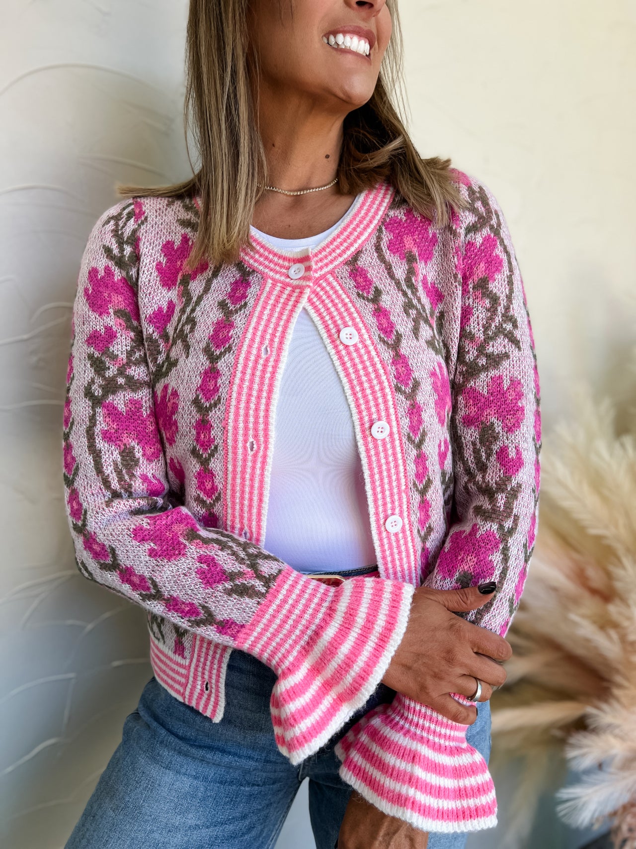 Blossoming Love Story Floral Button Up Sweater Cardigan- Pink