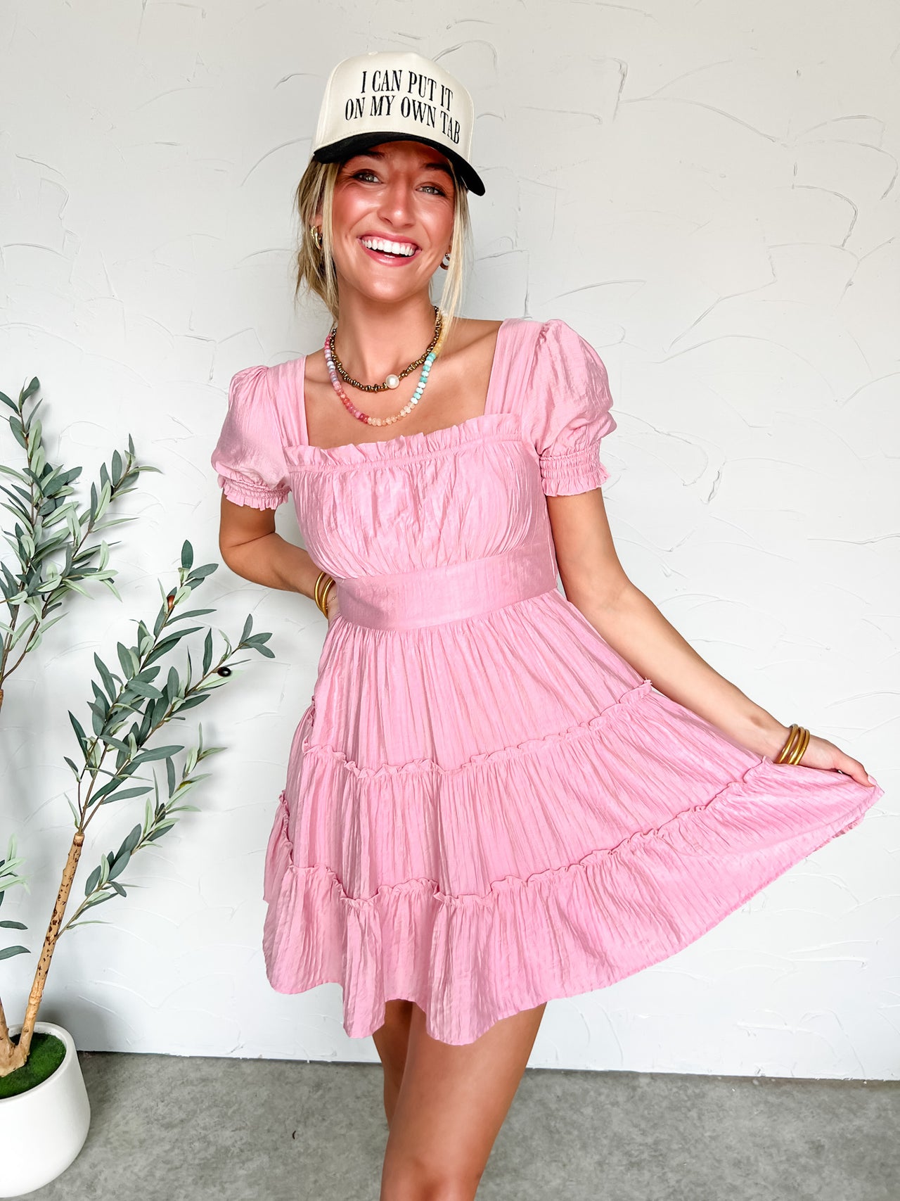 For The Girls Square Neck Tiered Mini Dress- Pink