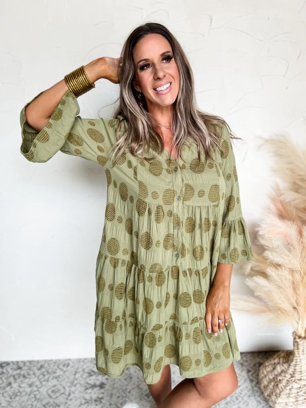 Covered In Love Swiss Dot Jacquard Dress- Olive