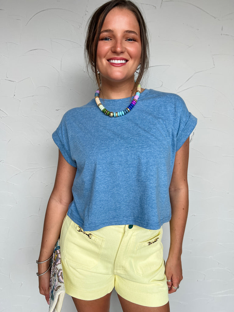 Always Stay Humble Folded Sleeve Cropped Top- Heather Classic Blue