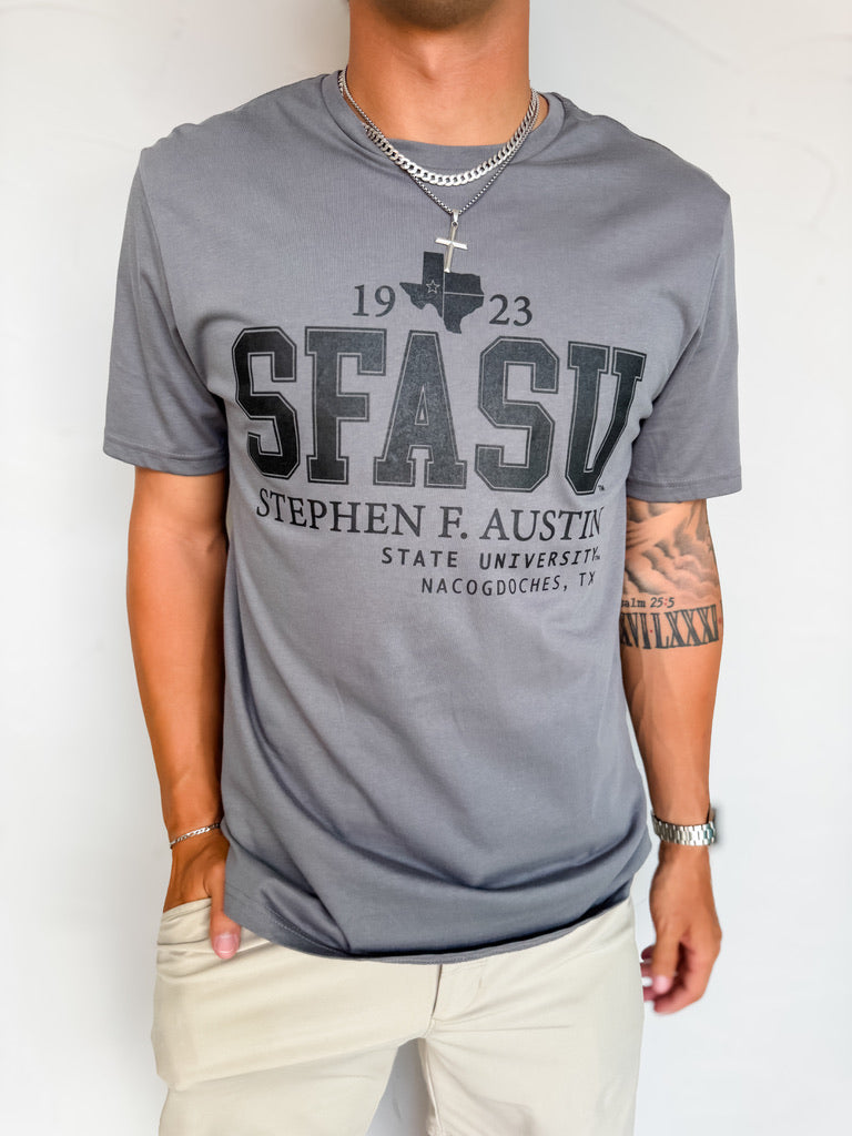 Person wearing a gray t-shirt with 'SFASU Stephen F. Austin State University' text on a plain background