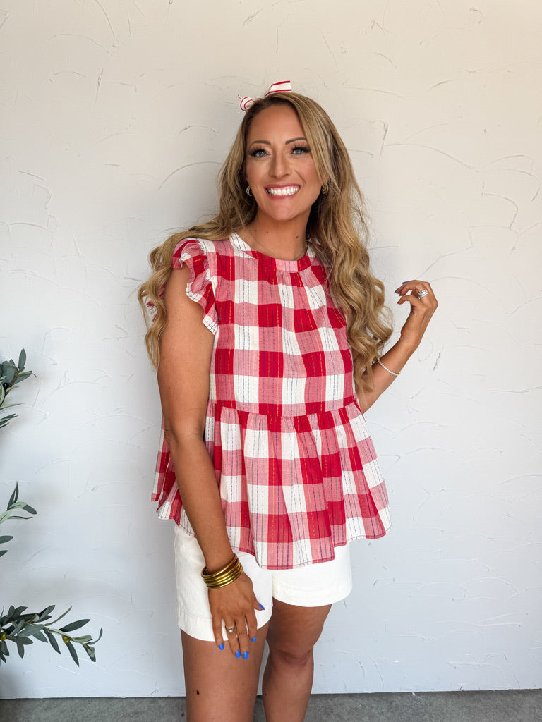 Pretty Wish Plaid Tiered Ruffle Sleeve Top