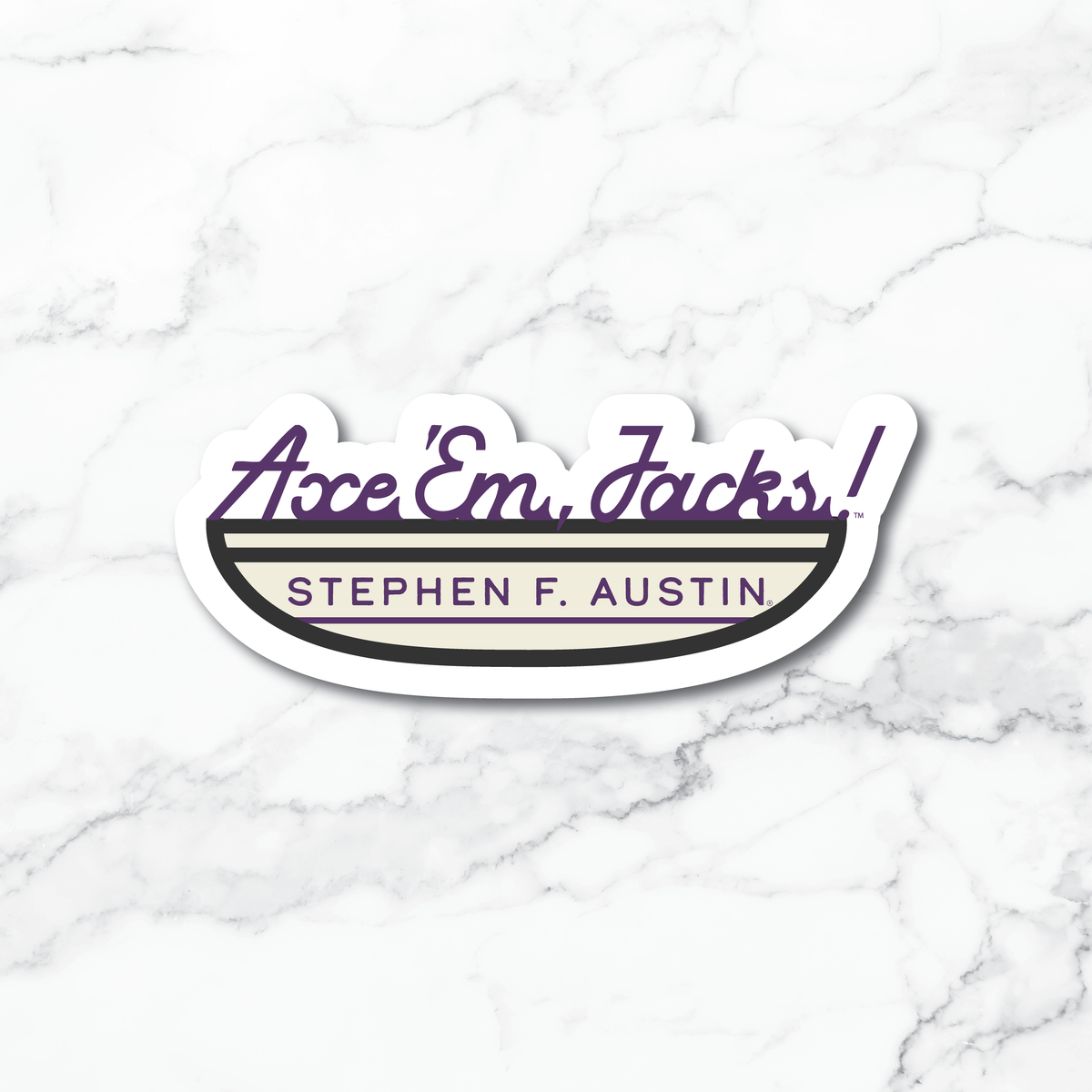 A die-cut vinyl sticker featuring the text 'Ace 'Em, Jacks!' in purple script and 'STEPHEN F. AUSTIN' in purple block letters on a cream banner, outlined in black and white, shown on a white marble background.
