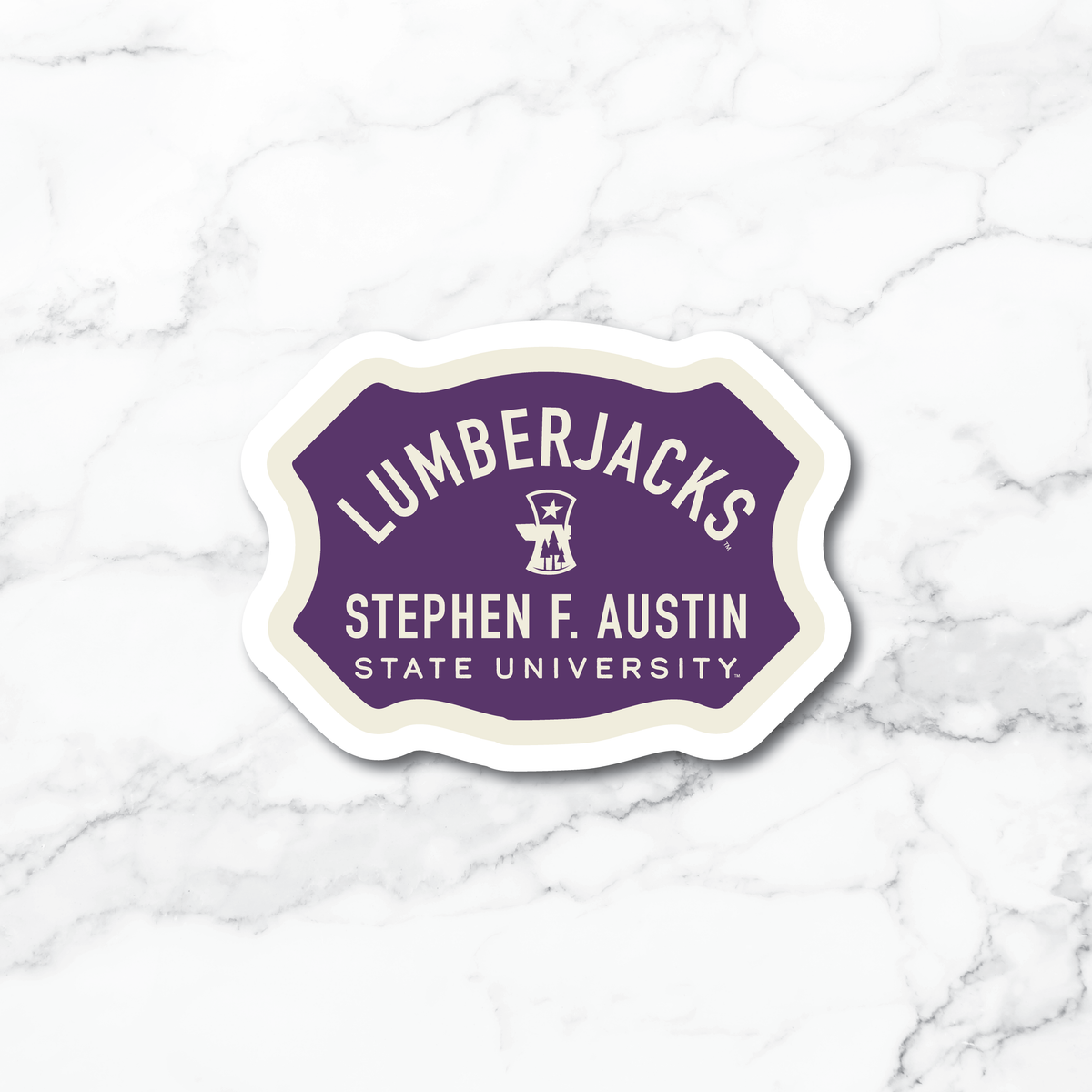 A die-cut sticker featuring the Stephen F. Austin State University Lumberjacks logo, displayed on a white marble background.