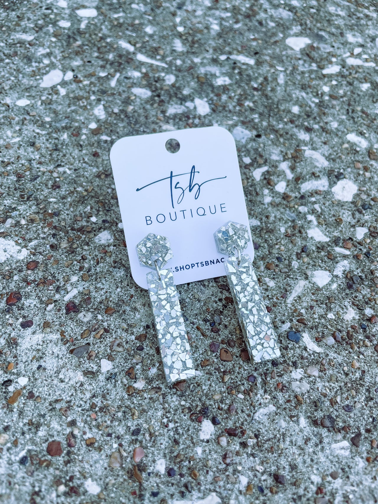 Bar Dangle Earrings- Silver Crushed Glass