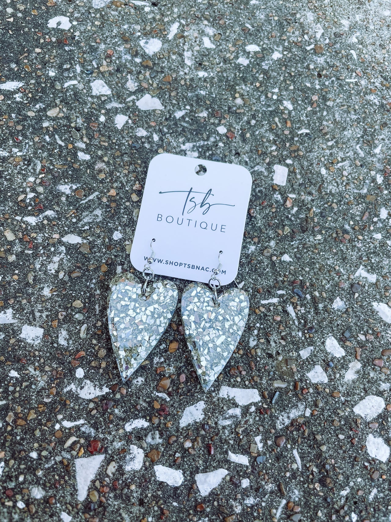 Large Heart Dangle Earrings- Silver Crushed Glass