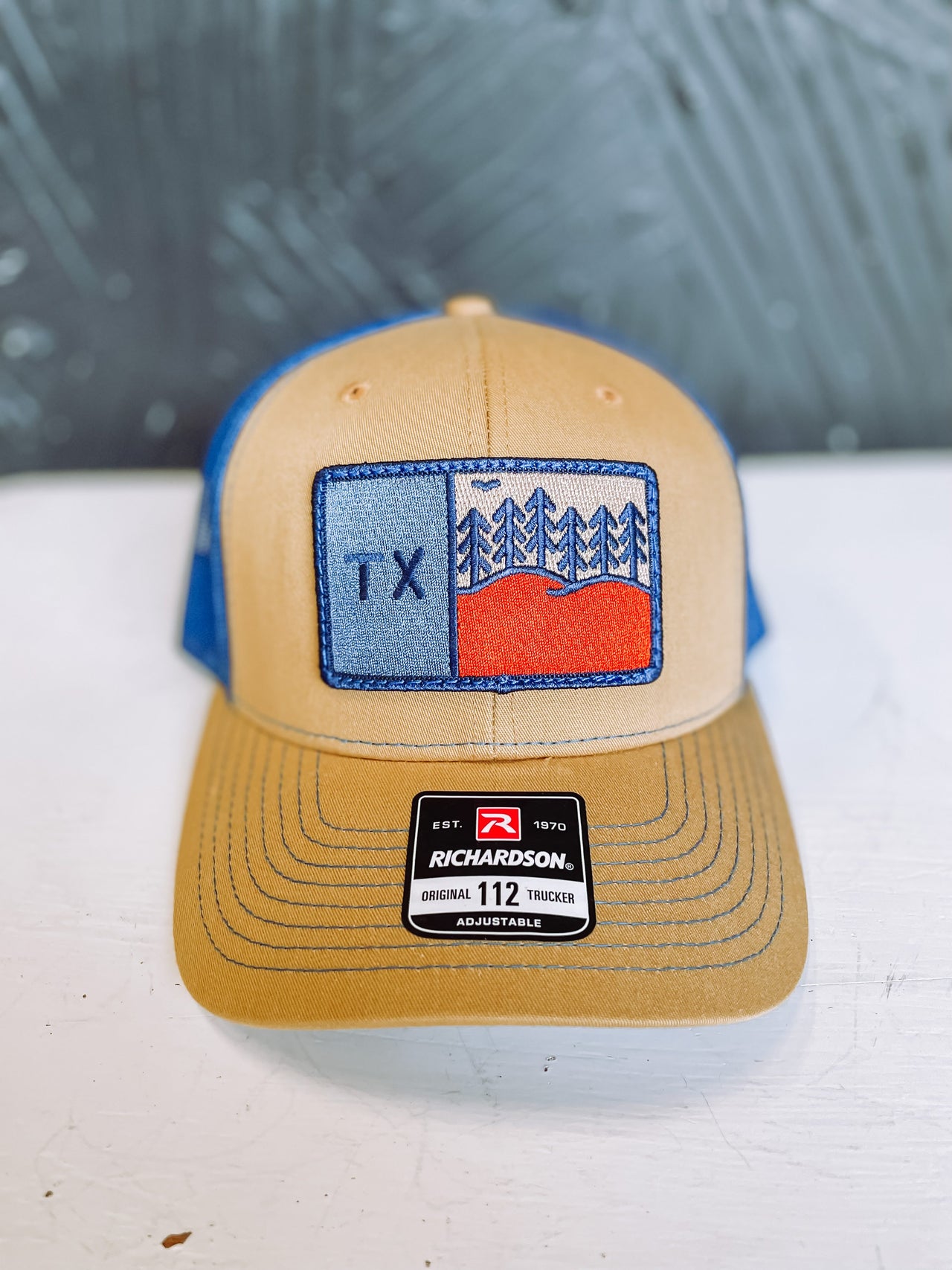 TX Pineywoods Flag Patch Trucker Cap- Camel/ Blue